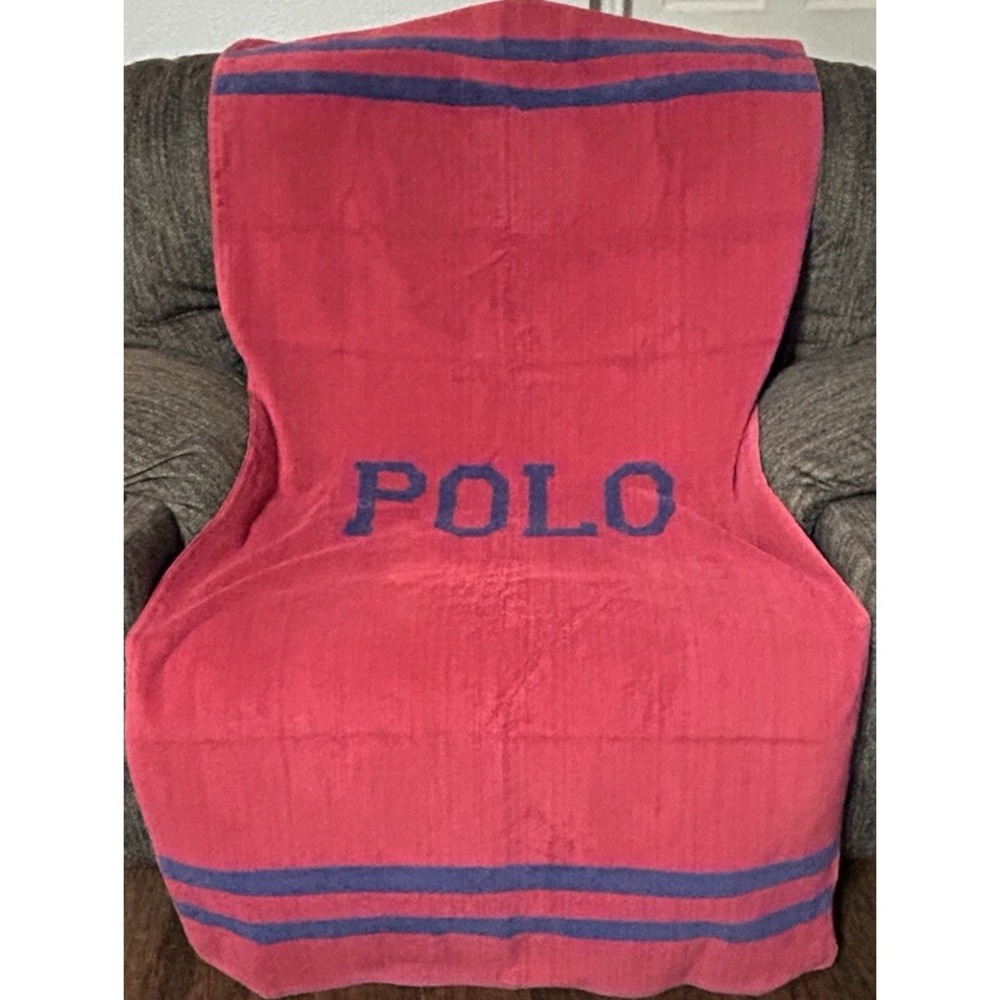Vintage Polo Ralph Lauren Beach Towel Red Blue Spellout Large USA Cotton RARE